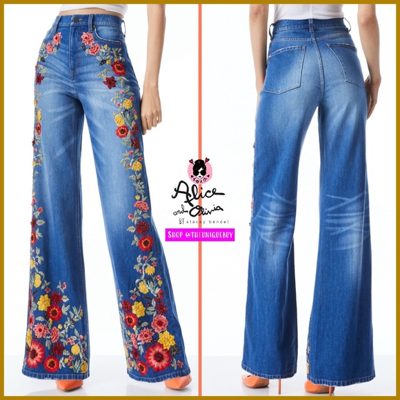 Alice + Olivia Gorgeous Floral Embroidered Wide Leg Jeans - Picture 16 of 17